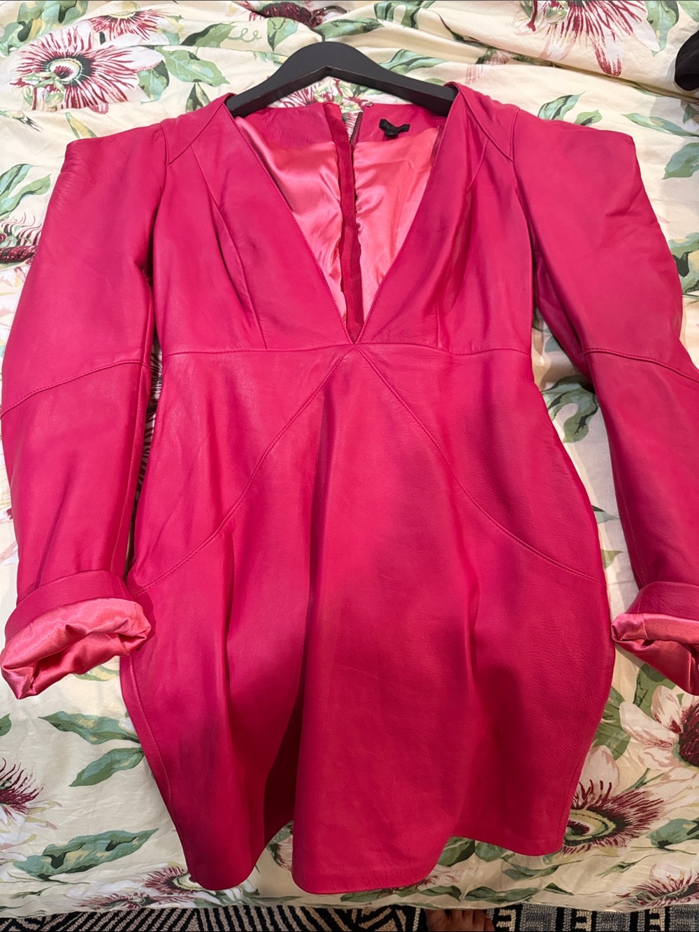 NBD Hot Pink Leather Mini Dress with V-Neck